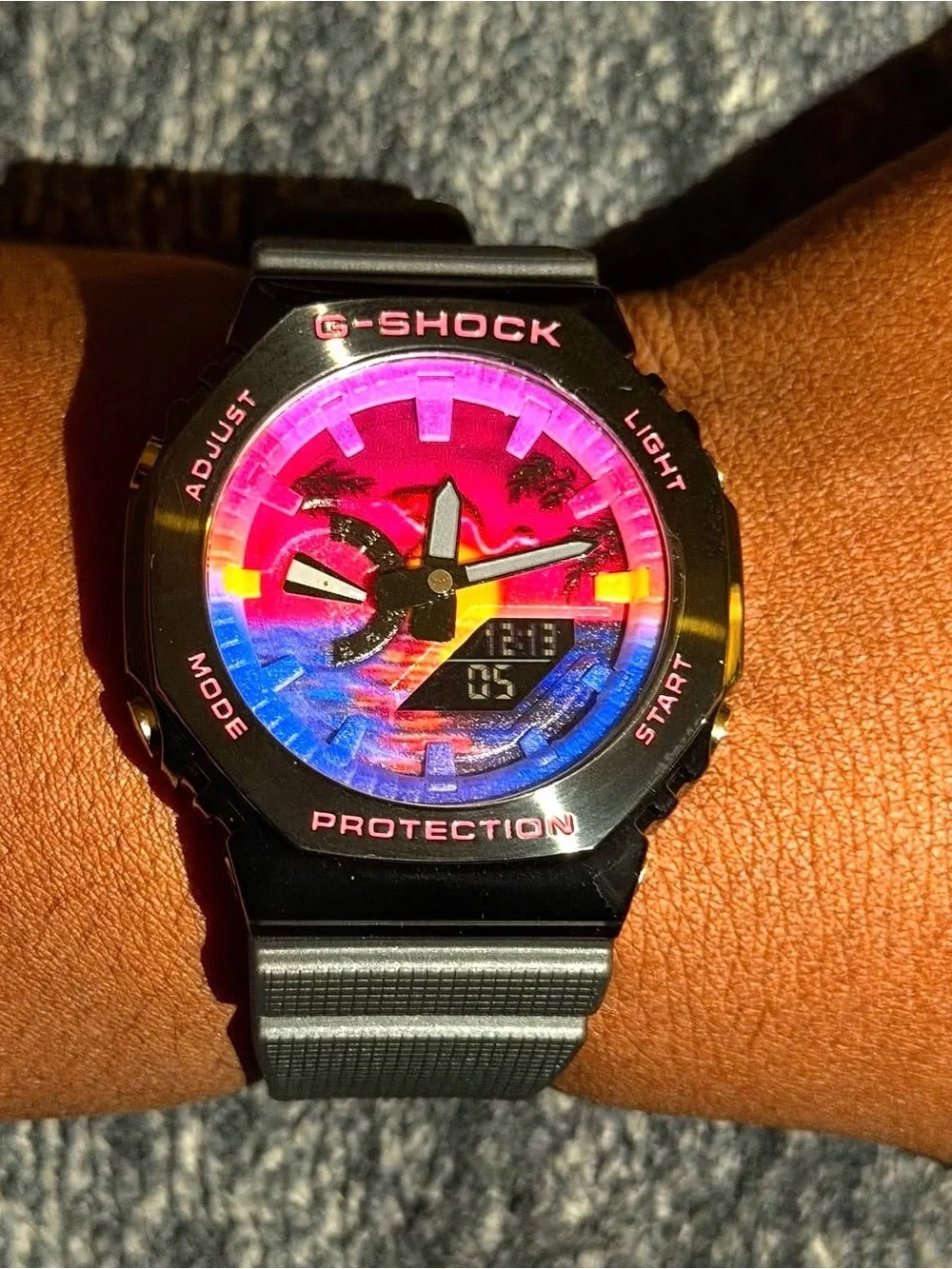 G-Shock Black Watch with Pink and Blue Sunset Dial